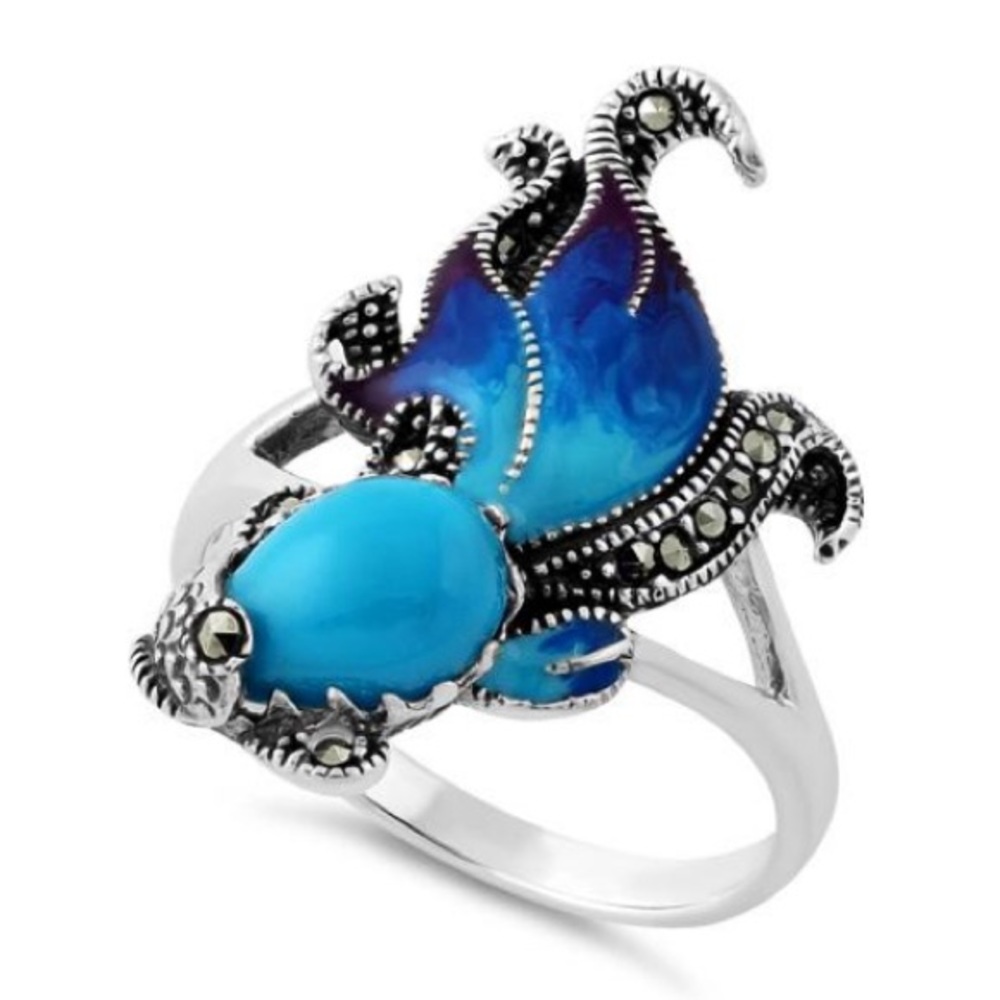 925 STERLING SILVER Simulated Turquoise Fish Ghost Marcasite Ring - Picture 13 of 16